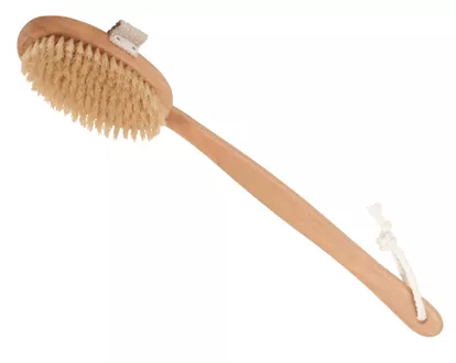 Bath brush with curved handle w/ wild boar bristles